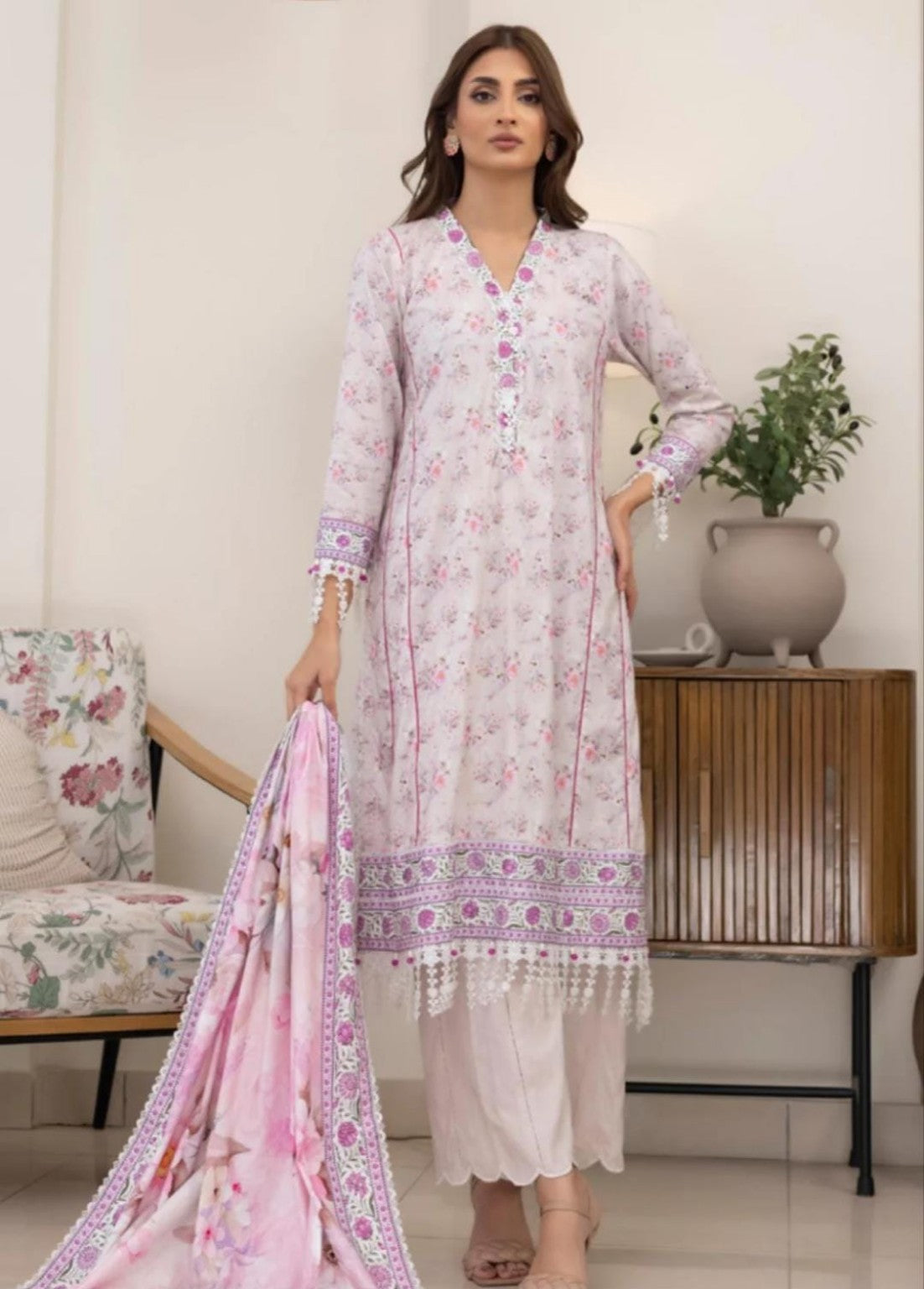 Miram Atelier 3-Piece Pink Floral Unstitched Suit