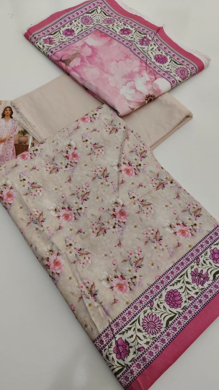 Miram Atelier 3-Piece Pink Floral Unstitched Suit Fabric Set