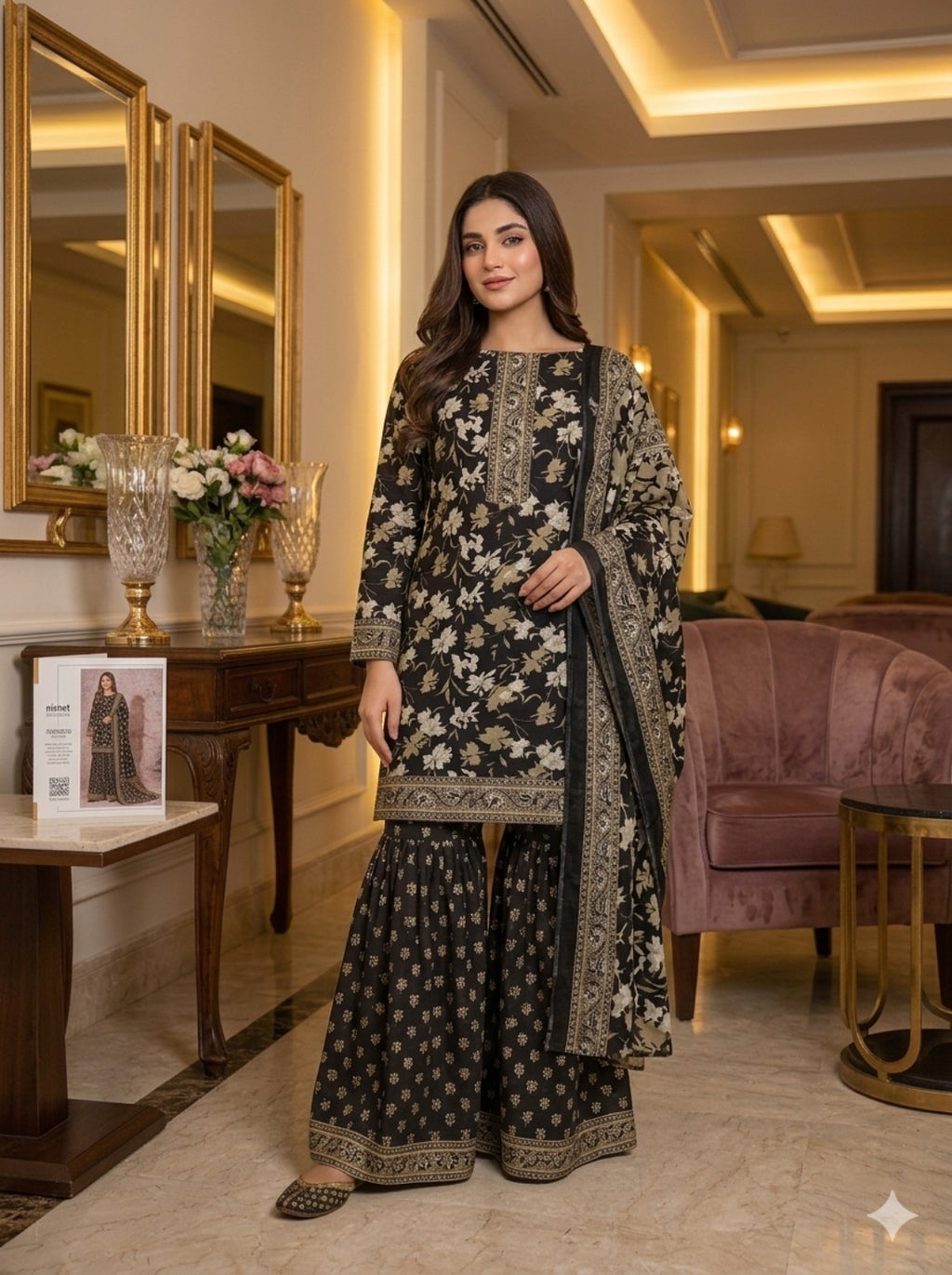Black floral 3-piece unstitched suit