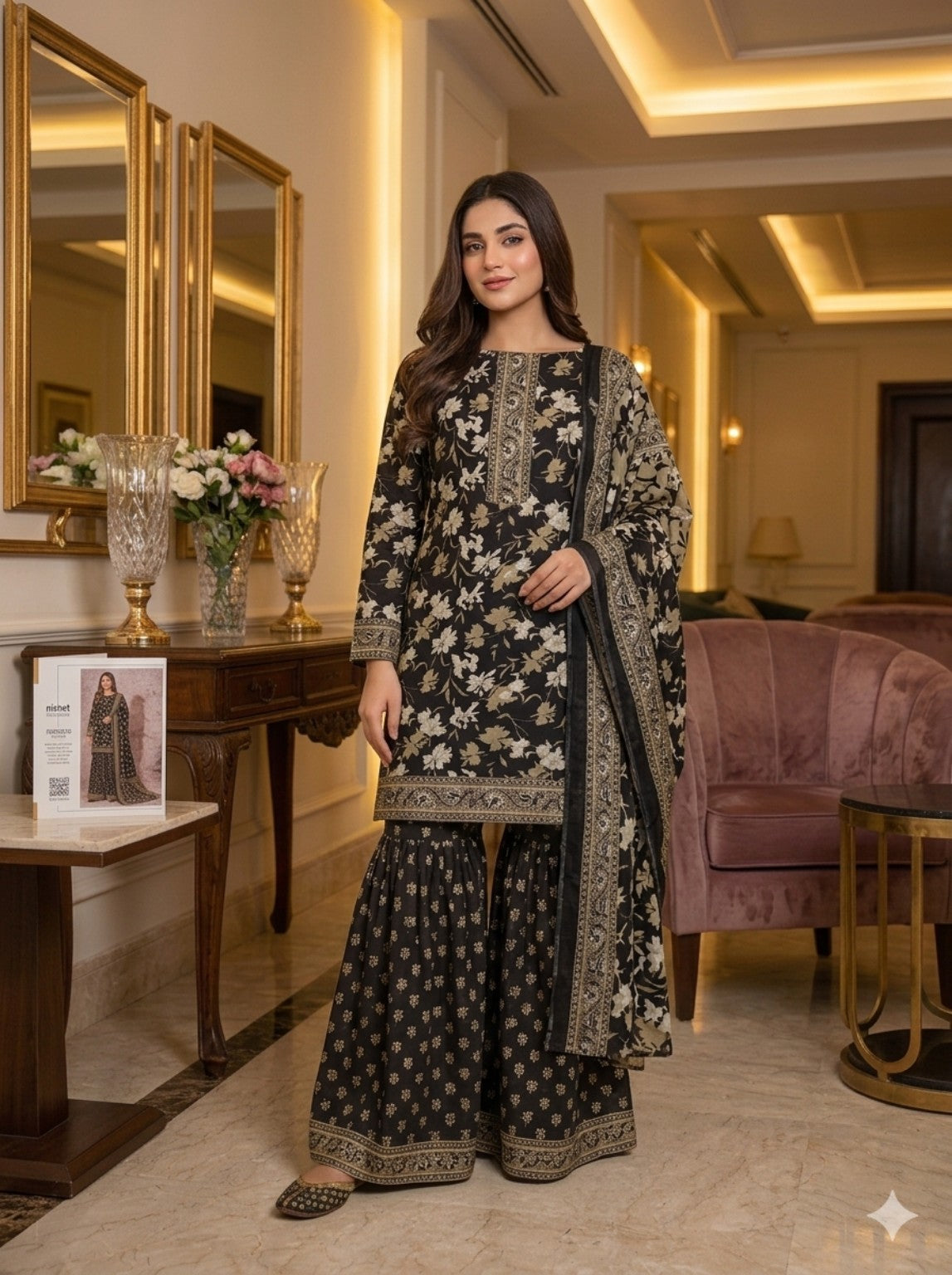 Black floral 3-piece unstitched suit
