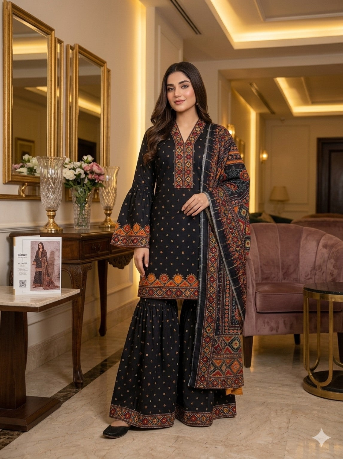 Black multicolor 3-piece unstitched suit