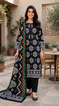 Black printed 3-piece suit worn by model