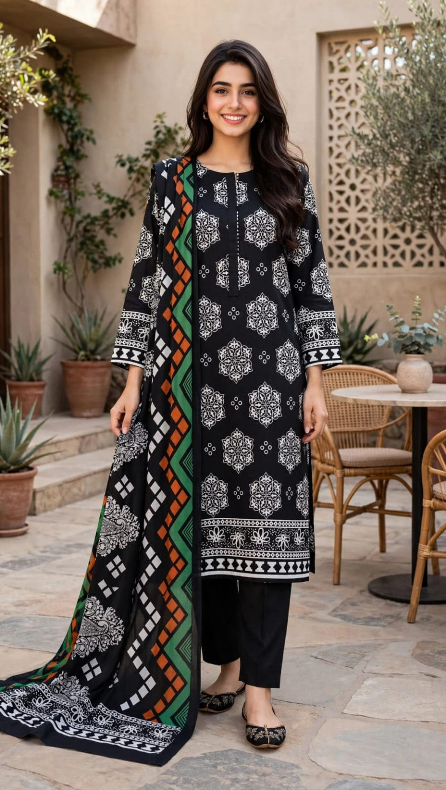 Black printed 3-piece suit worn by model