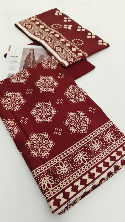 3-Piece Linen Unstitched Suit – Maroon