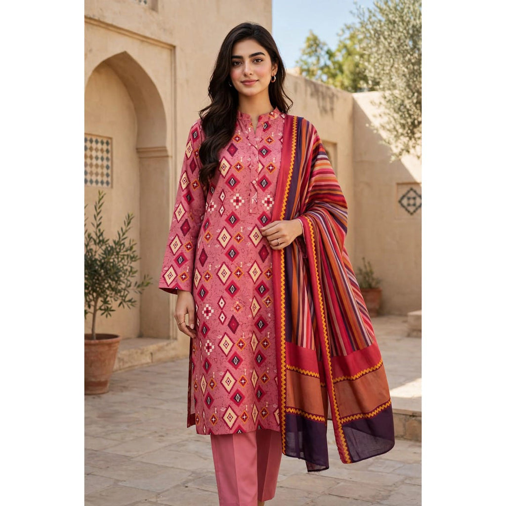 Miram Atelier pink 3-piece linen unstitched suit for women