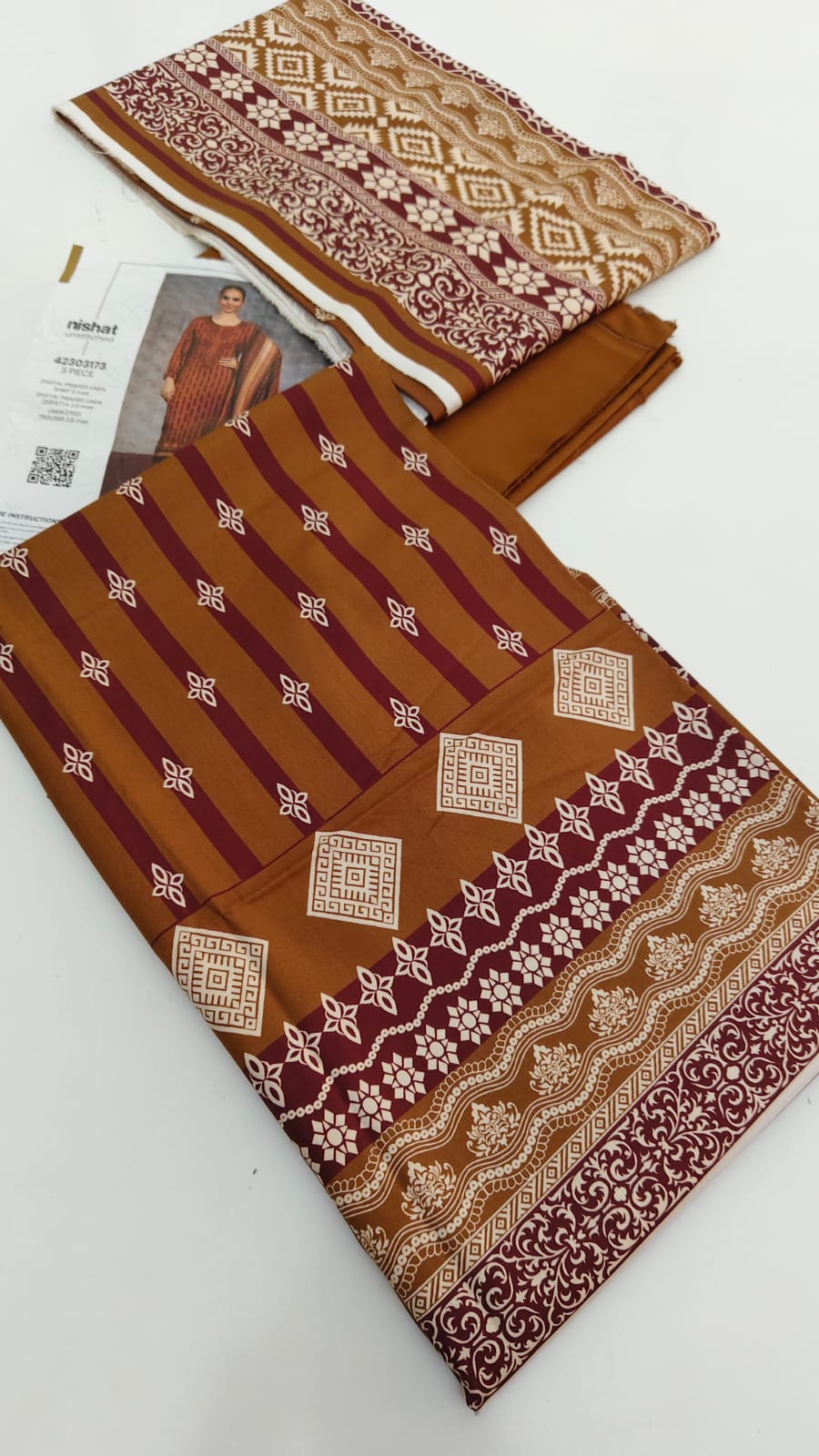 Printed 3-Piece Unstitched Linen Suit – Camel