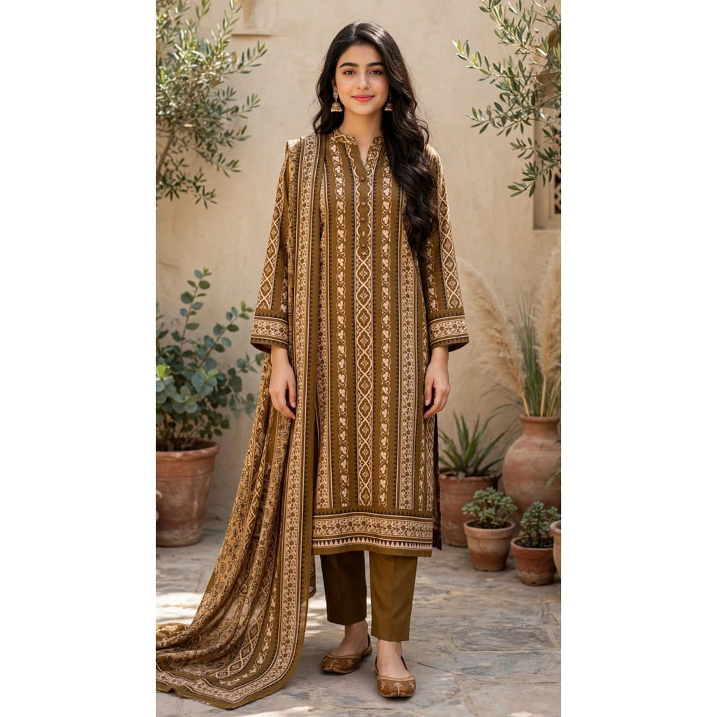 Miram Atelier bronze 3-piece linen unstitched suit for women