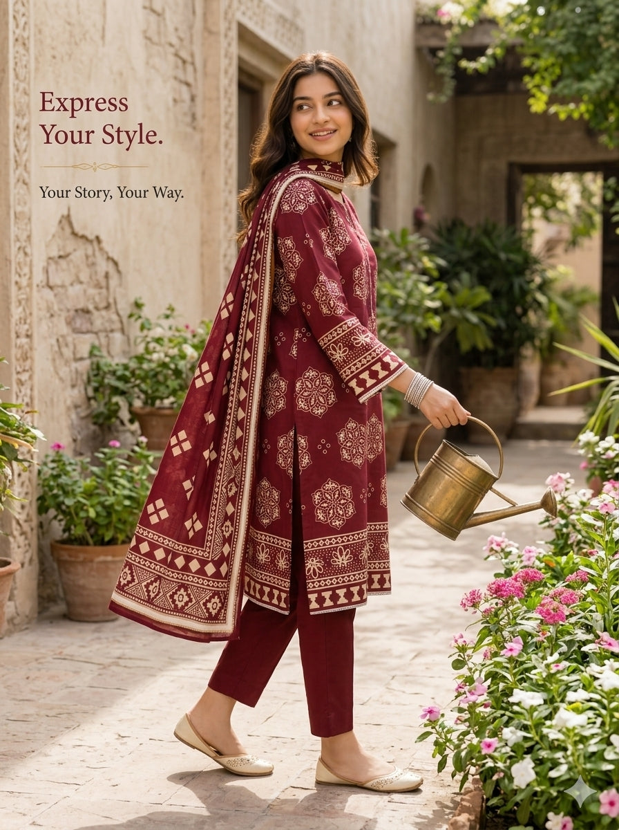 Miram Atelier maroon 3-piece linen unstitched suit for women