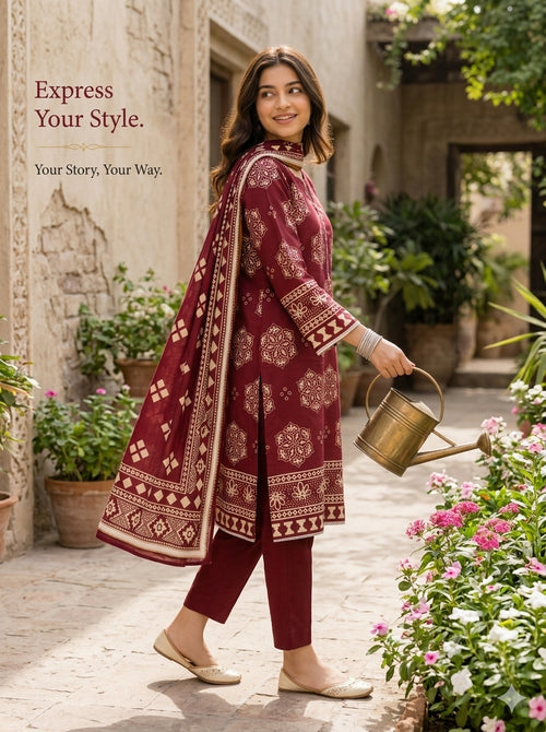 Miram Atelier maroon 3-piece linen unstitched suit for women