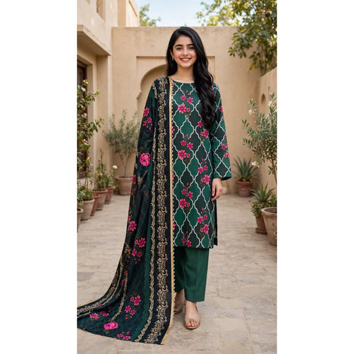 Miram Atelier green 3-piece linen unstitched suit for women