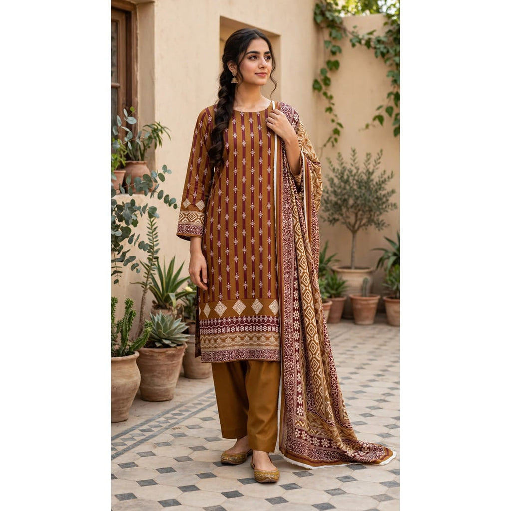 Miram Atelier camel printed 3-piece linen unstitched suit for women